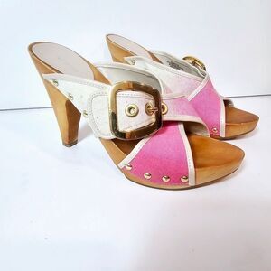 Nine West Chic 80s Inspo Studded Wooden Clog Style Sandals Size 8 Pink Ombre